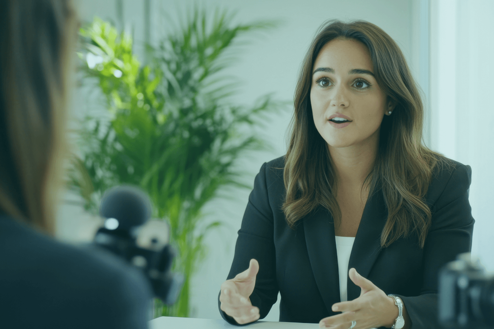 Femme en entretien commercial expliquant une offre, illustrant la vente et la posture professionnelle.