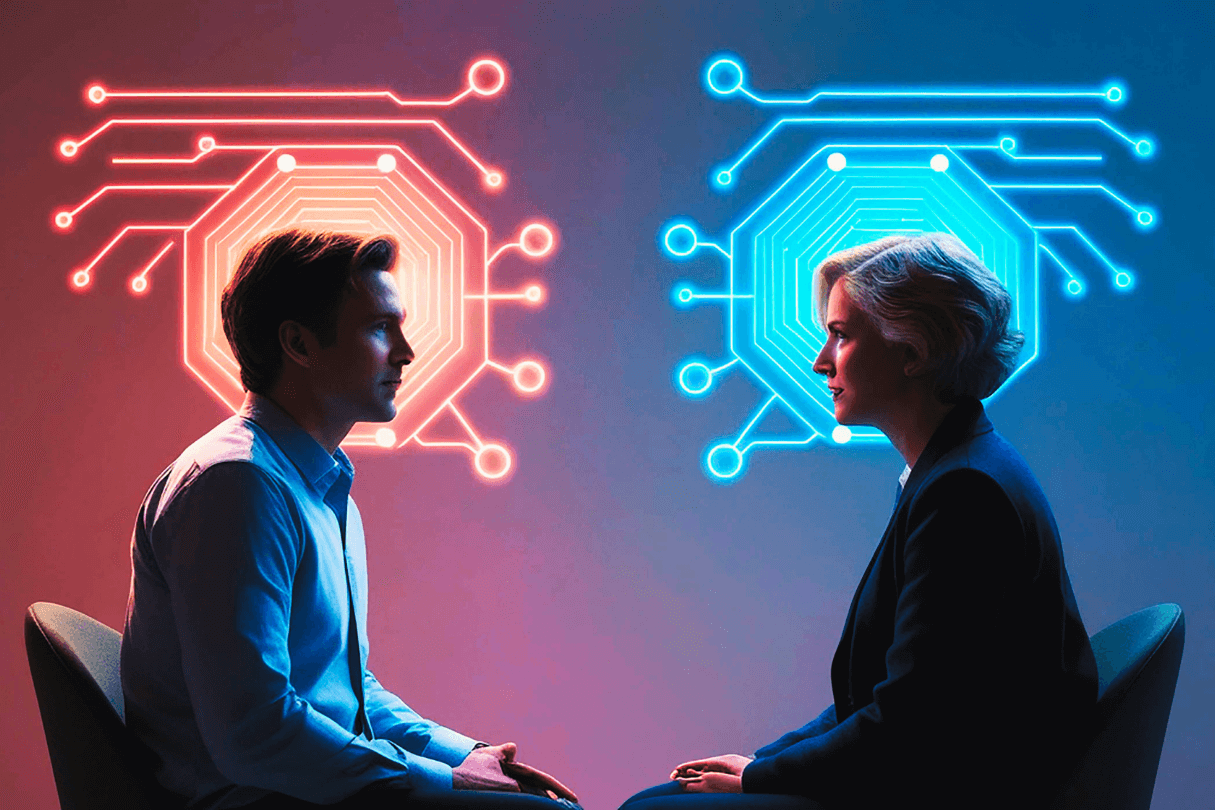 Homme et femme en face-à-face illustrant deux modes de fonctionnement relationnel DISC 4Colors.