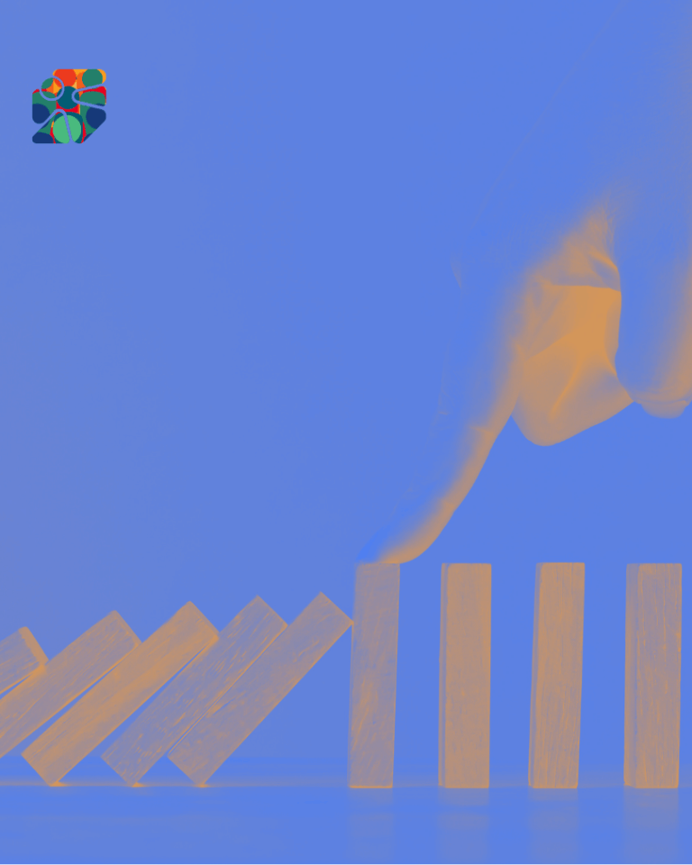 Main stoppant une chute de dominos – illustration FlowHumans sur la prévention des tensions et l’agilité relationnelle en équipe.