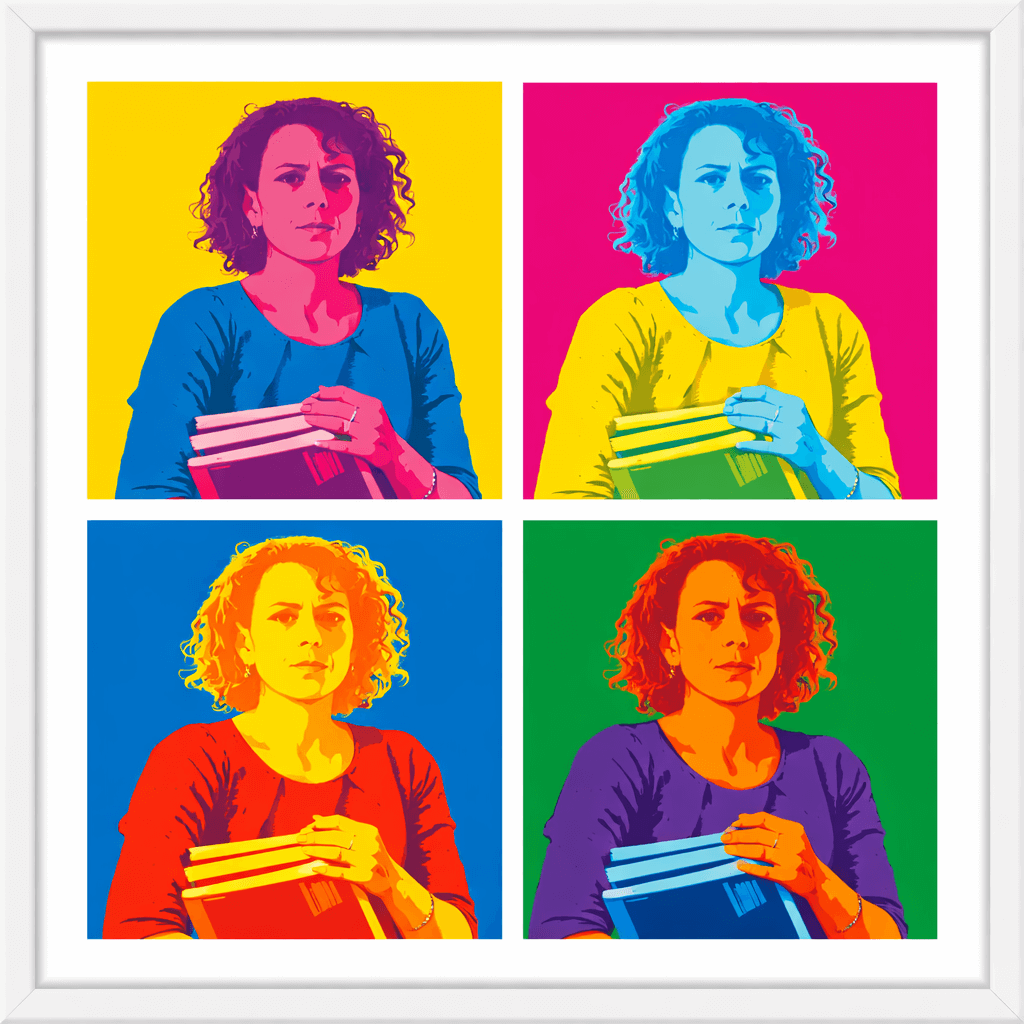 Portrait pop art en quatre couleurs inspiré d’Andy Warhol représentant une formatrice Flow Humans, symbole de l’agilité relationnelle et des profils DISC
