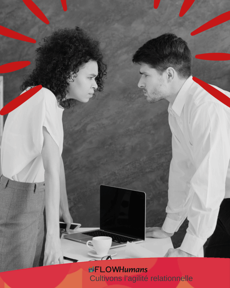 Conflit professionnel entre deux collaborateurs se faisant face autour d’un bureau, illustrant une tension relationnelle révélatrice de différences comportementales DISC en entreprise.