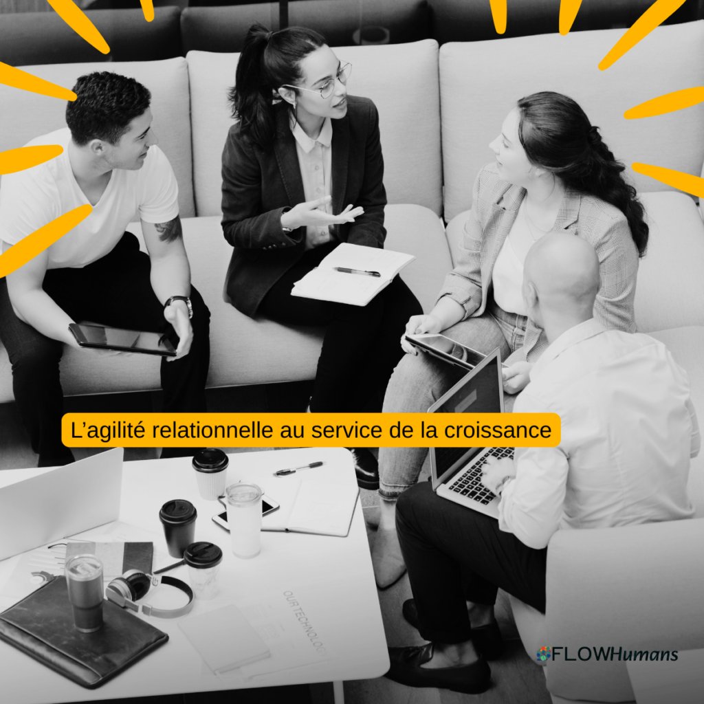 Équipe en discussion stratégique montrant comment l’agilité relationnelle améliore la performance collective et la croissance commerciale – Flow Humans