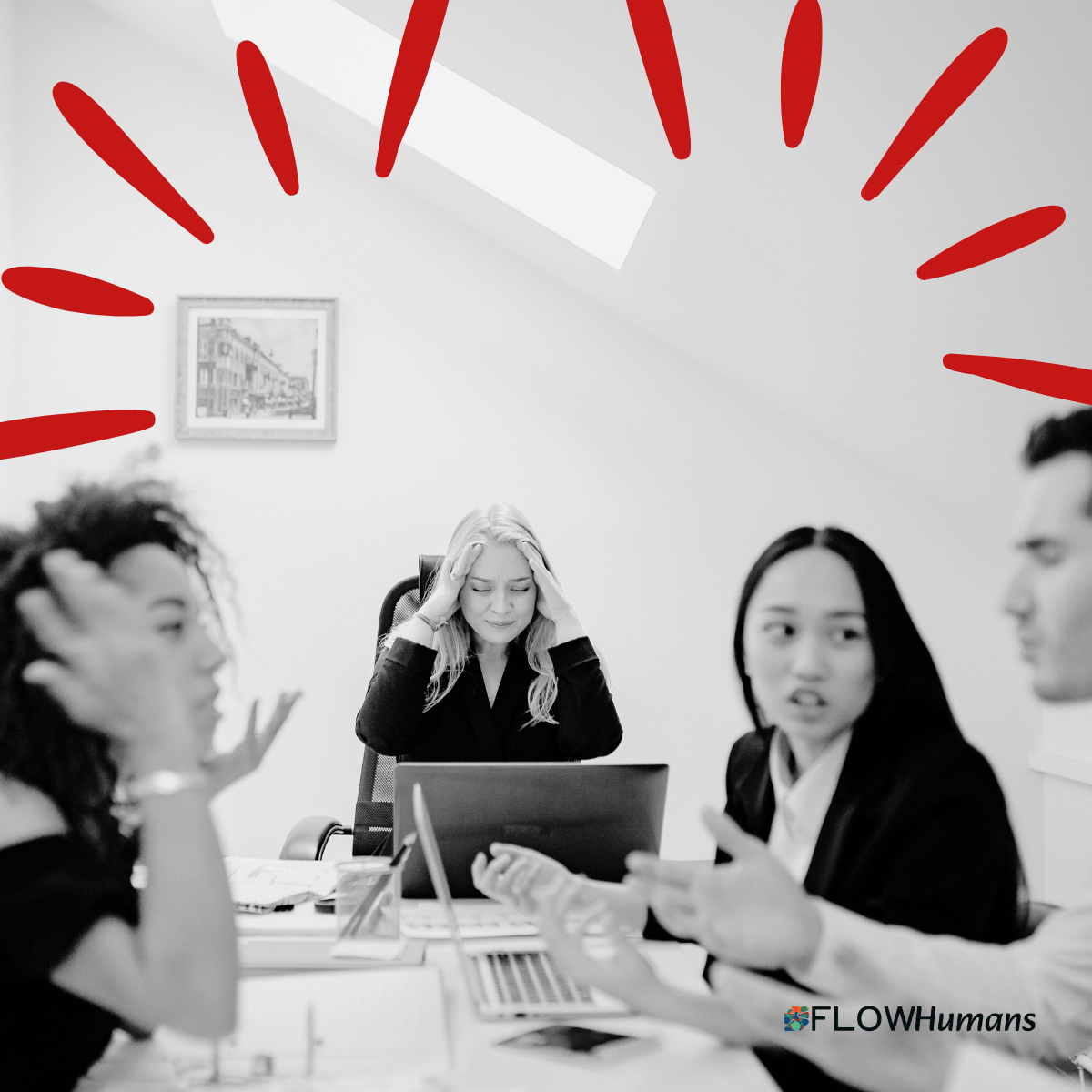 Equipe en réunion autour d’un bureau avec désaccord et tentatives de convaincre illustrant l’impact des dynamiques relationnelles sur la performance collective